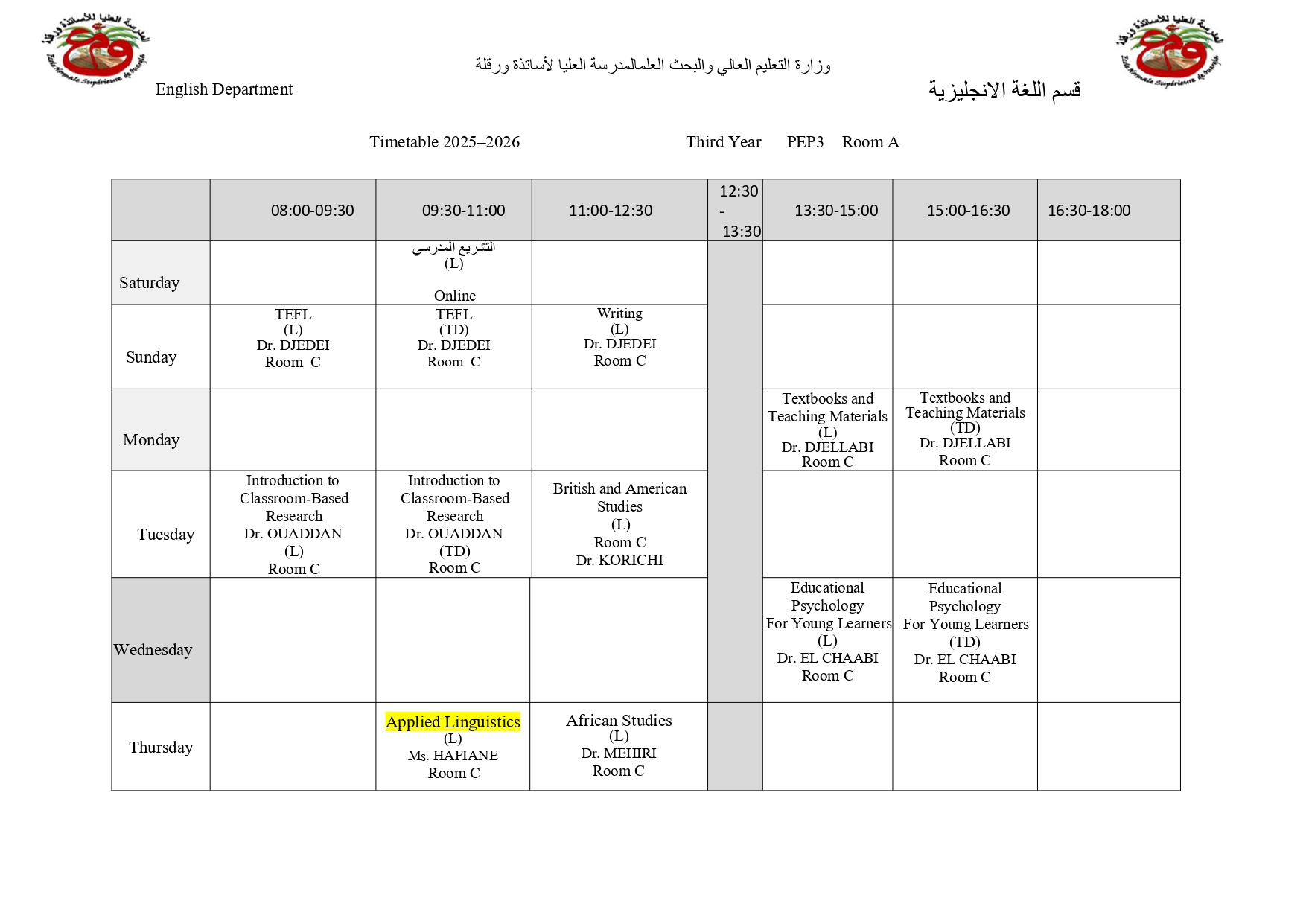 PEP3 TIMETABLE
