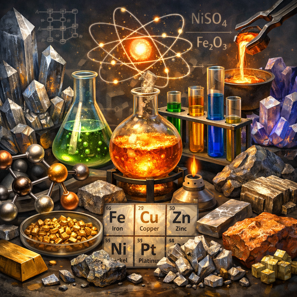 صورة لبعض المعادن وجزىء من جدول دوري وبعض التجهيزات المخبرية 